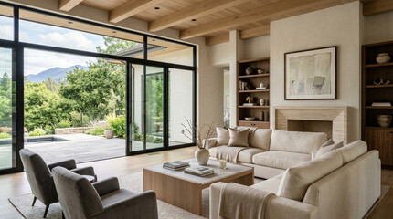 Fototapeta premium Modern Living Room with Fireplace, Open Patio, and Mountain View