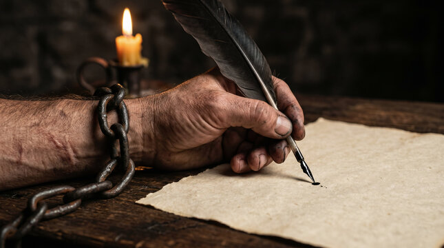 The Apostle Paul writing his powerful epistles in a dark, cold Roman prison cell, illuminated only by a single flickering candle.