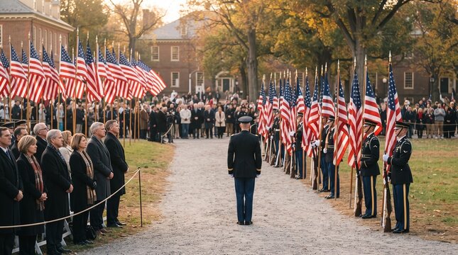 Patriotic military honor guard ceremony featuring American flags and formal gathered crowd outdoors