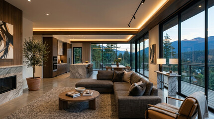 Fototapeta premium Modern Luxury Living Room with Mountain View and Open Concept Kitchen