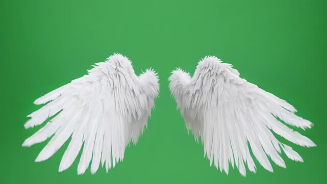 White Angel Wings opening slowly with soft light against a green screen background