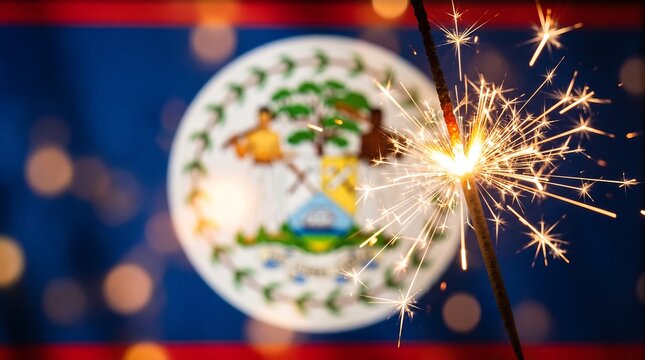 Macro shot of burning sparkler against blurred Belize national flag background with golden festive bokeh lights