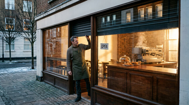 Barista opening a cozy local coffee shop in the morning with warm interior light