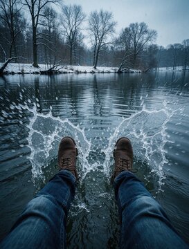 View from water level shows legs entering cold lake. Water splashes around boots and jeans pants. Bare feet splash into winter river near snowy trees.