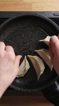 Timelapse shows home cook arranging gyoza in pan. Gyoza filling mixes shrimp, cabbage, scallion, ginger, garlic and sesame oil. Serve gyoza for dinner with rice, miso soup, cucumber salad or soy dip.