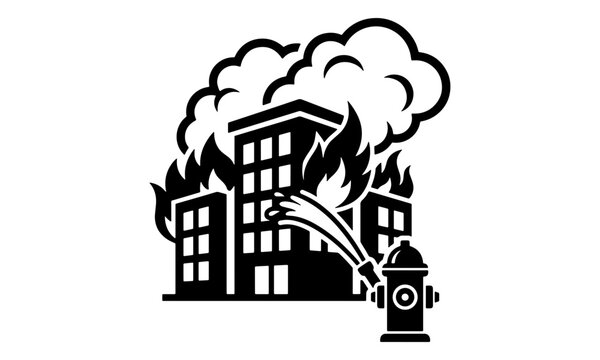 Black and white vector icon of a burning building being extinguished by a fire hydrant water stream