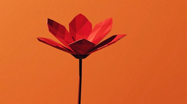 Stylized geometric red flower with faceted petals against a solid orange backdrop. Simple abstract digital art, modern floral design concept with clean lines.