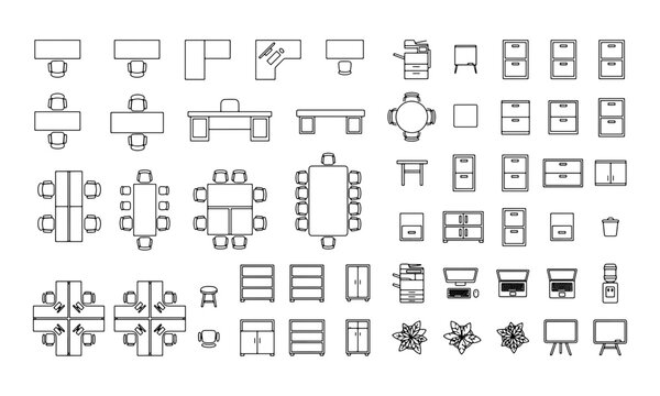 Top view office furniture icons set for architectural floor plans and interior design layout planning vector
