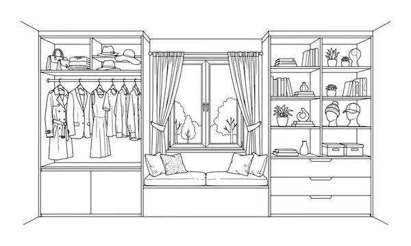 Line art illustration of a walk-in closet with window seat and storage shelves in black and white
