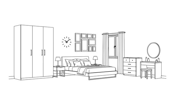 Line art illustration of a modern bedroom interior with furniture and decor elements in a minimalist style