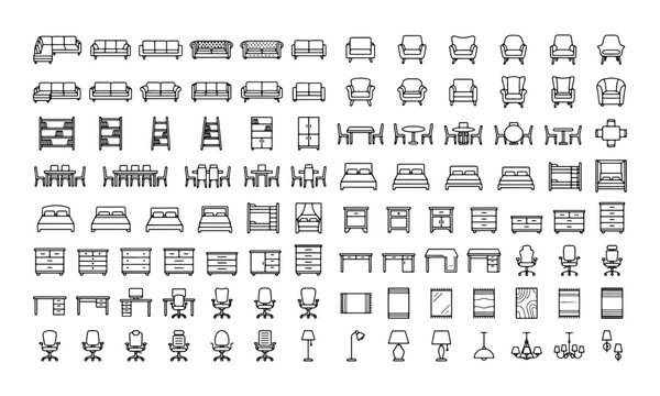 Set of furniture icons featuring sofas beds tables chairs and lamps in a clean line art style