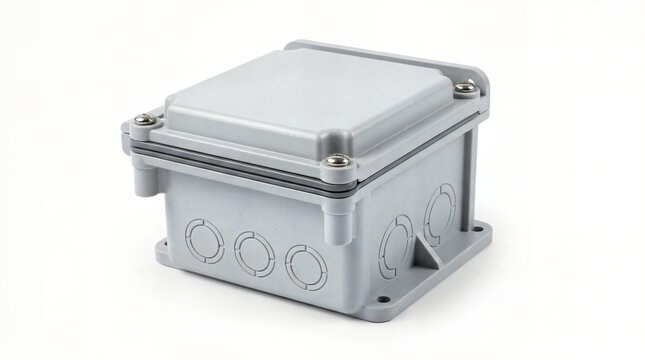Grey plastic electrical junction box for outdoor cable installation protection