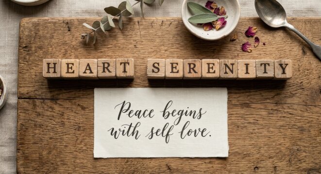 Wooden Blocks Spelling 'Heart Serenity' Above 'Peace Begins With Self Love' Card