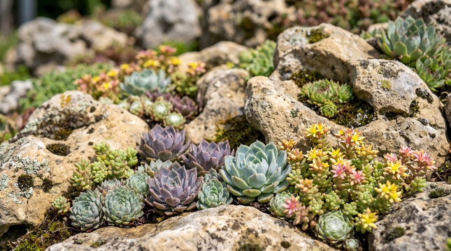 Succulent rock garden with echeveria, sempervivum, and blooming sedum among porous stones. Natural succulent rock garden displays detailed leaf rosettes. Modern succulent rock garden idea for home.