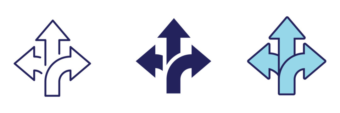 Three way split directional arrow icons set with direction navigation interface movement indicator collection orientation decision location