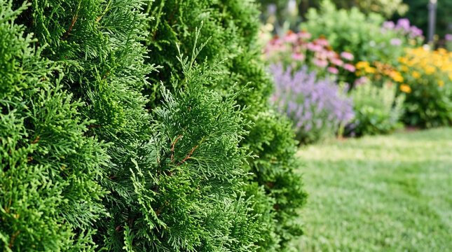 Close up view thuja shrub with vivid green foliage in summer garden setting. Thuja shrub stands beside colorful flowering plants, manicured grass lawn. Versatile thuja shrub background stock photo.