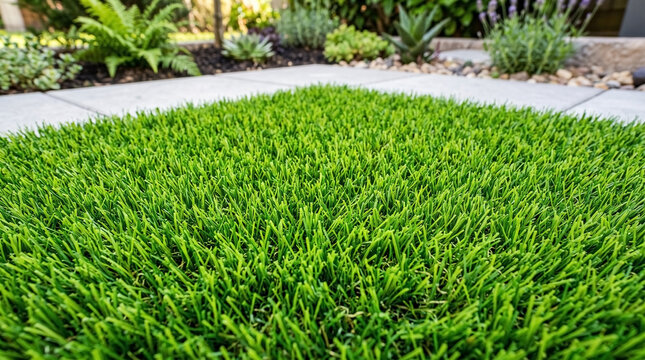 Synthetic grass lawn tile closeup installed outdoors in garden setting. Bright synthetic grass lawn features realistic green blades near stone paving tiles. Modern synthetic grass lawn concept.