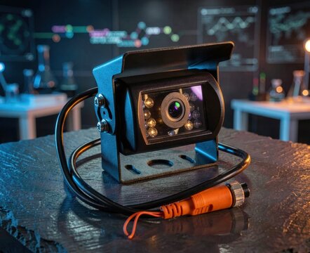 Rugged black surveillance camera with infrared LEDs on textured slate