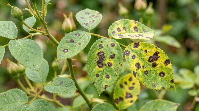 Rose black spot fungal disease affecting green leaves in garden. Rose black spot causes dark lesions and yellowing on foliage. Control rose black spot to maintain healthy garden plants at home.