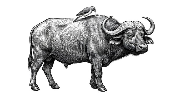 Detailed vintage engraving style illustration of an African buffalo with an oxpecker bird on its back