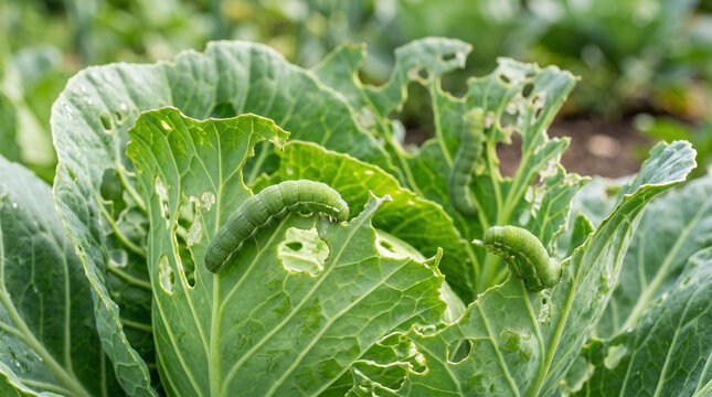 Destructive garden pest caterpillars consume fresh green cabbage leaves in vegetable patch during summer. Larvae garden pest caterpillars cause damage.