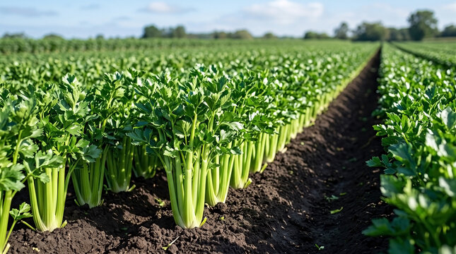 Expansive celery farm field shows rows of green leafy vegetables growing in fertile dark soil under blue sky. Organic celery farm field cultivation involves agricultural irrigation.