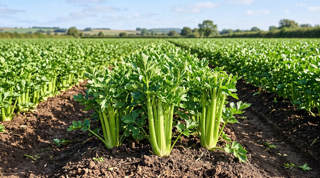 Rows of vibrant green stalks grow in celery field on fertile dark soil of farm. Perspective view of celery field shows healthy plants in straight lines. Use celery field for agricultural business.