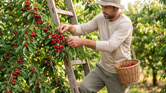 Male gardener on wooden ladder while picking cherries from lush tree into wicker basket. Worker enjoys picking cherries in sunny orchard. Use picking cherries for fruit farm ads or food promotion.