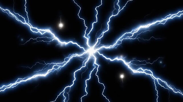 Watch an intense electric blue lightning strike flash and explode outwards across a dark background. Perfect dynamic sci-fi video effect loop and motion graphic.