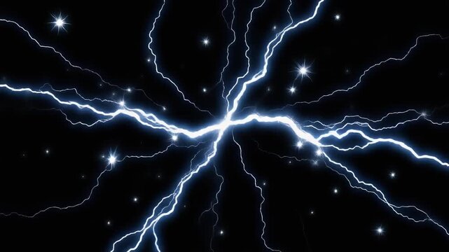 Watch bright electric blue lightning sparks and flashes burst across a dark background. Perfect dynamic sci-fi video effect loop and motion graphic.