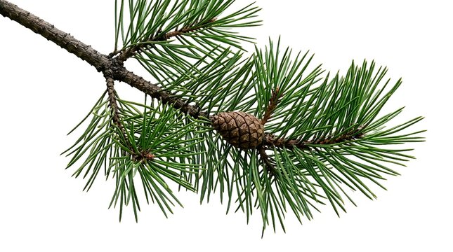Close-up of a green pine branch with needles and a small cone, isolated on transparent background