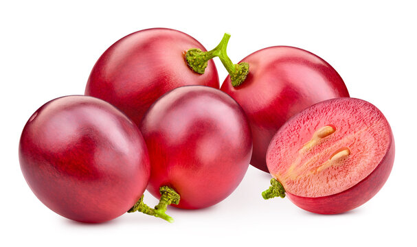 Fresh ripe red grapes bunch with half berry. Sweet juicy grapes cut isolated on white background with clipping path