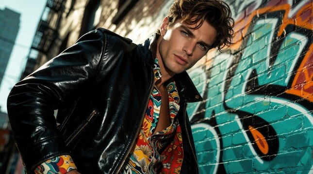 Man in black leather jacket and colorful shirt leans against graffiti wall. Urban setting, stylish look, street fashion. Young adult poses confidently in city alleyway.