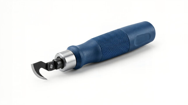 Blue handled metal hook deburring tool for metalworking and edge finishing