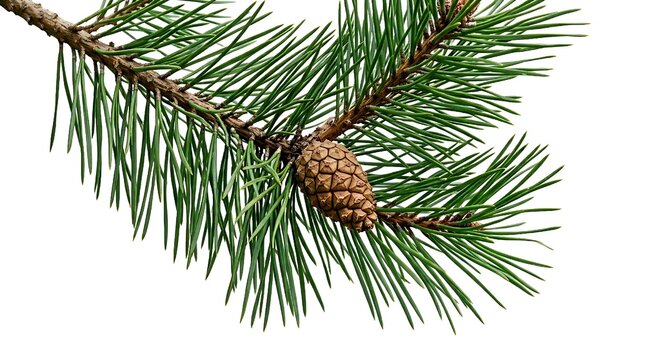 Close-up of a green pine branch with needles and a small cone, isolated on transparent background