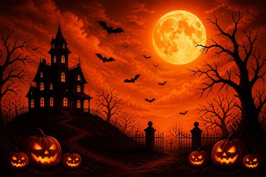 Haunted house silhouette with jack o lanterns under full moon