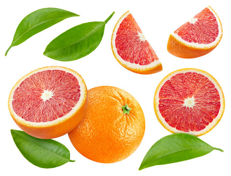 Levitation of Sicilian red oranges with green foliage. Air falling orange isolated white background