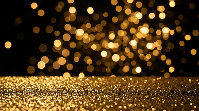 Golden glitter texture with glowing bokeh lights on black background for design