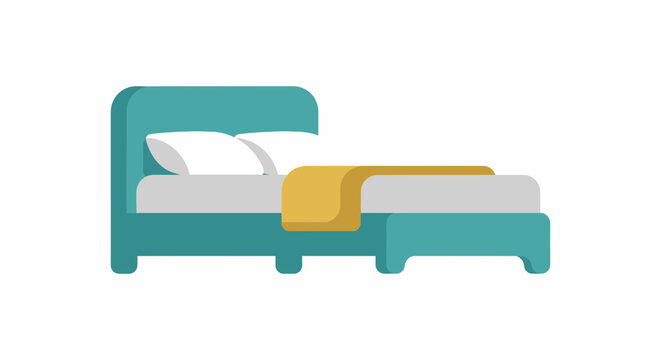 A teal bed with white pillows and a yellow throw blanket is displayed on a white background
