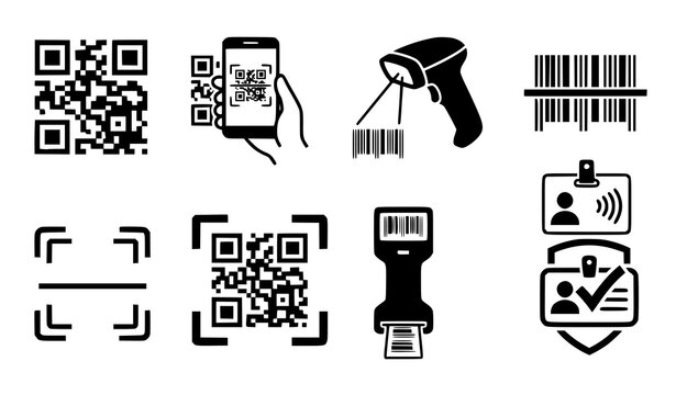 QR Code Mobile Scanner Barcode Reader and Digital Scan Black White Vector Symbols