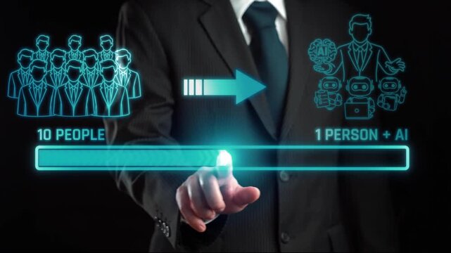 Visual Representation of Business Efficiency, Illustrating Transition from Ten People to One Person Working with Artificial Intelligence and Automation Technologies. Liminal.