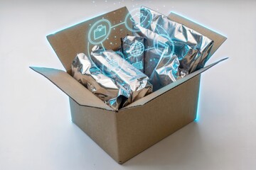Fototapeta premium Cardboard box with silver packages and glowing supply chain icons