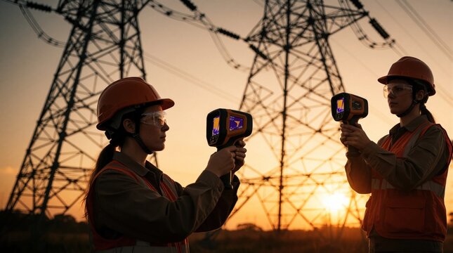 Female engineers use thermal camera inspect electrical tower at sunset. Technicians check power line infrastructure. Safety gear worn during outdoor energy inspection work.