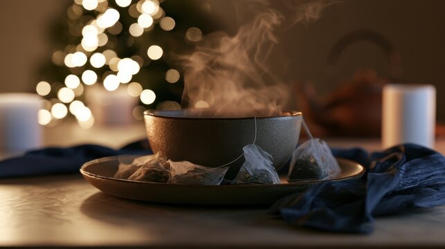 Steaming hot tea bowl with tea bags on a table with festive Christmas bokeh lights background