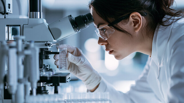 Female Scientist in Safety Glasses Examining Microplate Sample with Modern Microscope in Molecular Diagnostics Laboratory