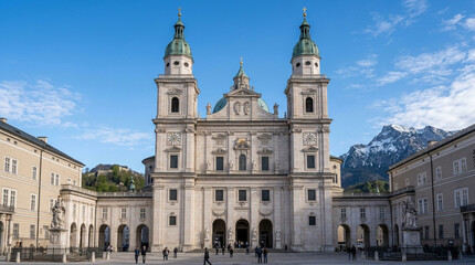 Fototapeta premium Salzburg Cathedral Exterior: Baroque Architecture with Mountains in Background