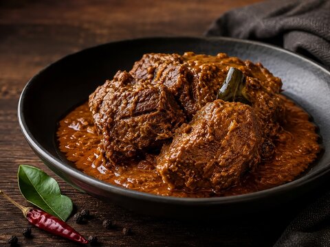 Indonesian Beef Rendang with Thick Golden Brown Coconut Sauce Served in Black Ceramic Bowl on Dark Teak Wood Surface