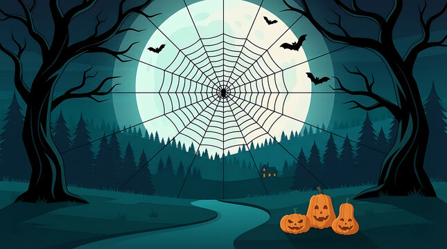 Spooky halloween landscape with a full moon web pumpkins and silhouetted trees
