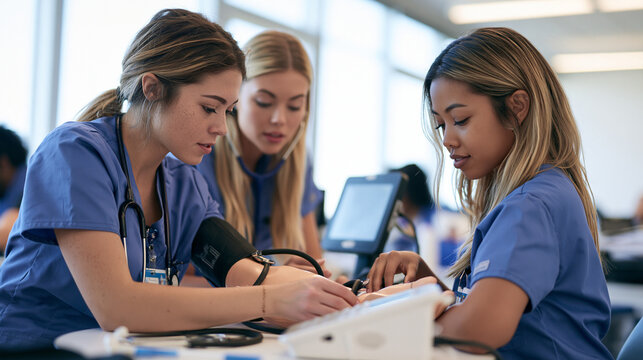Young Female Nursing Students in Blue Scrubs Practicing Blood Pressure Measurement on Medical Manikin Arm