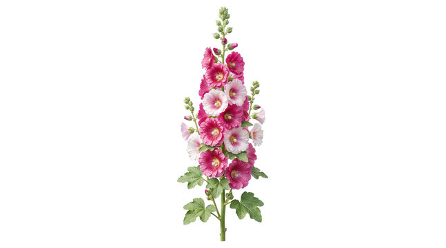 Pink hollyhock flower stalk isolated on white background, blooming alcea rosea plant with green leaves, summer garden floral element